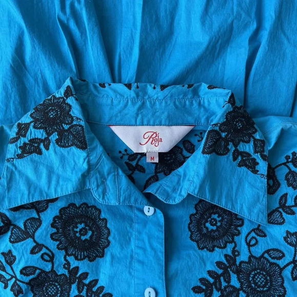 $225 ROJA Embroidered Tunic Dress Long Sleeve Floral Blue Hi-low Southwestern M - Picture 4 of 5